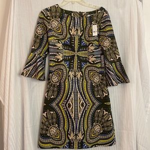 NY & Co NWT Olive Yellow Blue multi design mini dress long sleeves Size S CUTE!